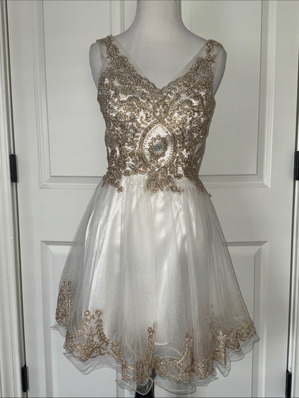 Dancing Queen White & Gold Tulle Party/Homecoming Dress with Rhinestone Appliqué